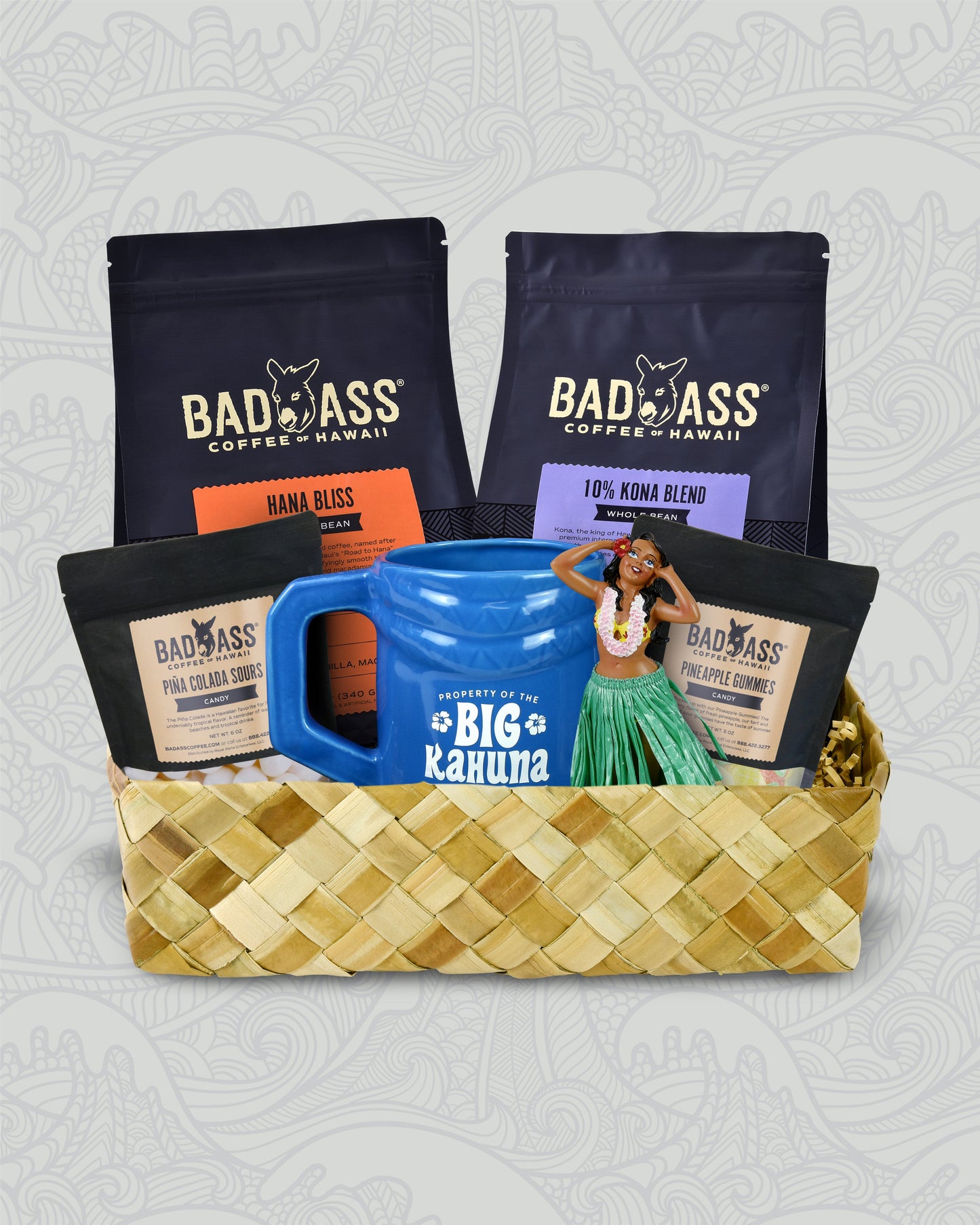 Big Kahuna Gift Basket | Tiki Mug, 10% Kona, Hana Bliss, Hula Girl and Treats