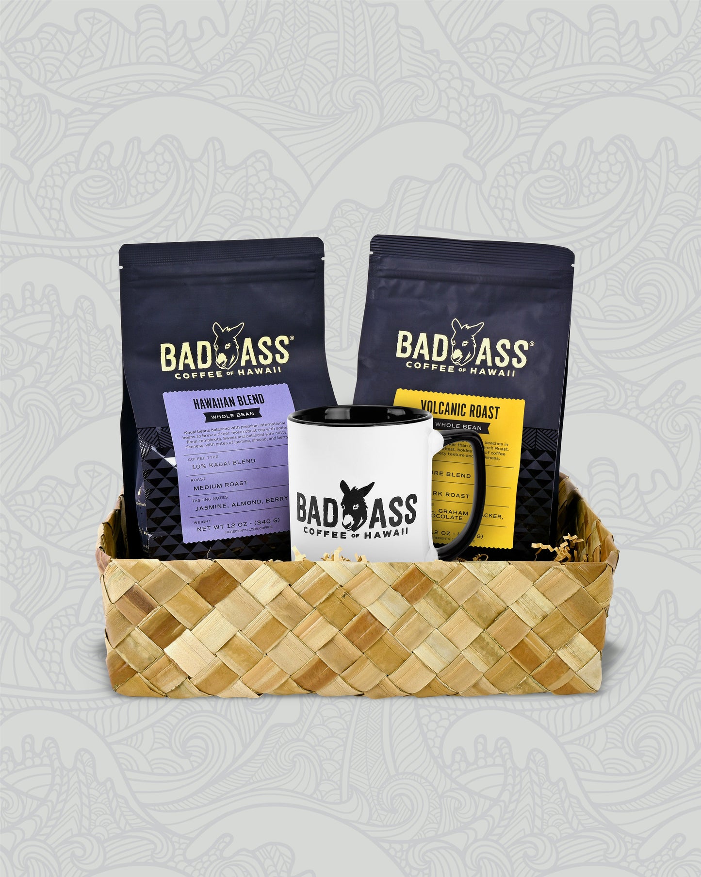 Rise & Shine Gift Basket | Signature Volcanic, 10% Hawaiian Blend, & Two Tone Mug