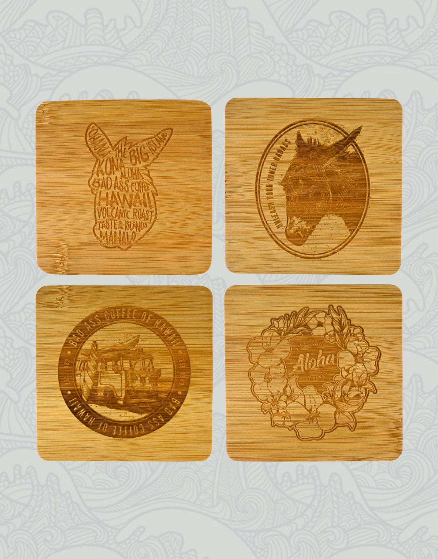 Bad Ass Coffee of Hawaii Bamboo Coasters | Set of 4