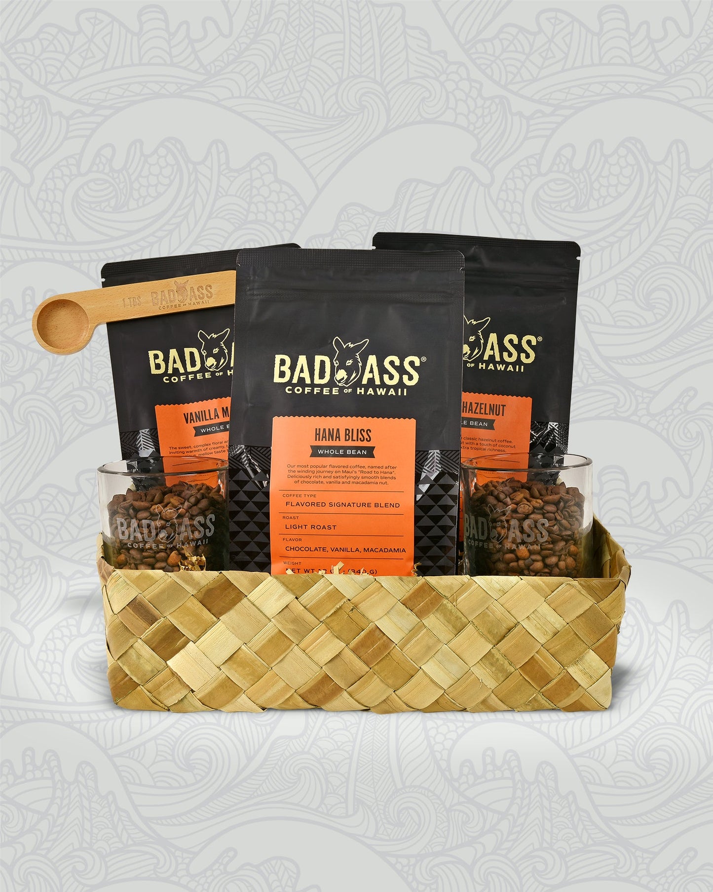 Aloha Flavors Gift Basket | Hana Bliss, Island Hazelnut, Vanilla Macnut, Glass Mugs & Scoop