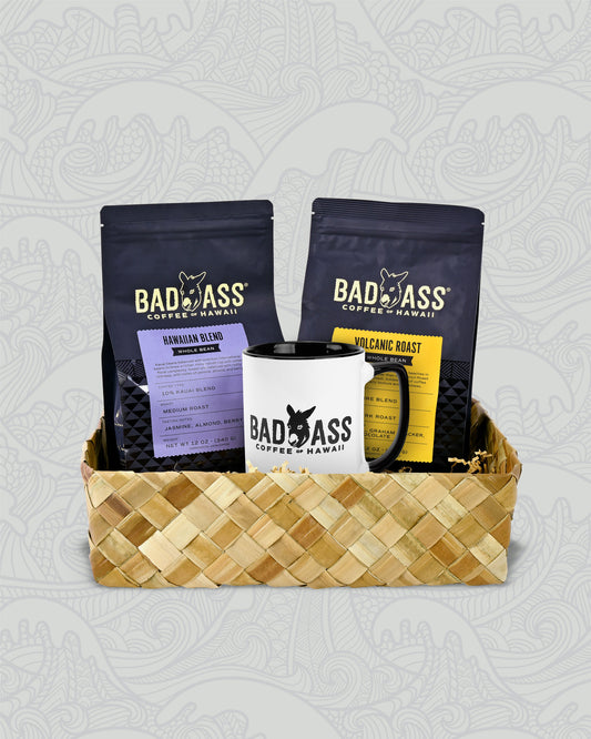 Rise & Shine Gift Basket | Signature Volcanic, 10% Hawaiian Blend, & Two Tone Mug