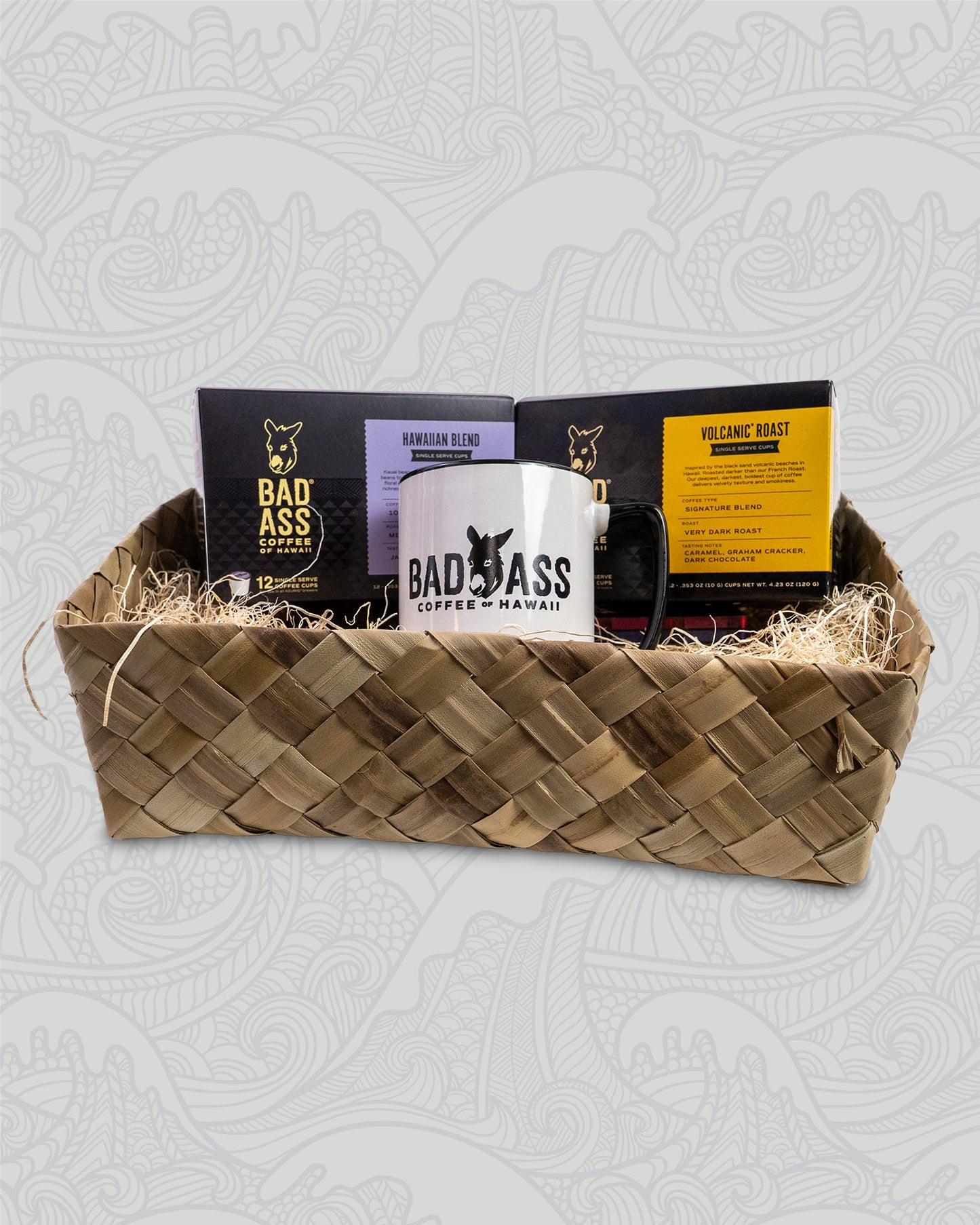 Rise & Shine Gift Basket | Signature Volcanic, 10% Hawaiian Blend, & Two Tone Mug
