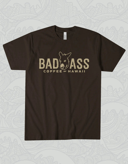 Short Sleeve Shirt: Chocolate Brown with Tan Bad Ass Coffee of Hawaii Logo