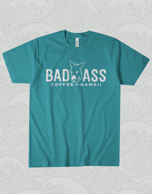 Short Sleeve Shirt: Teal with White Bad Ass Coffee of Hawaii Logo